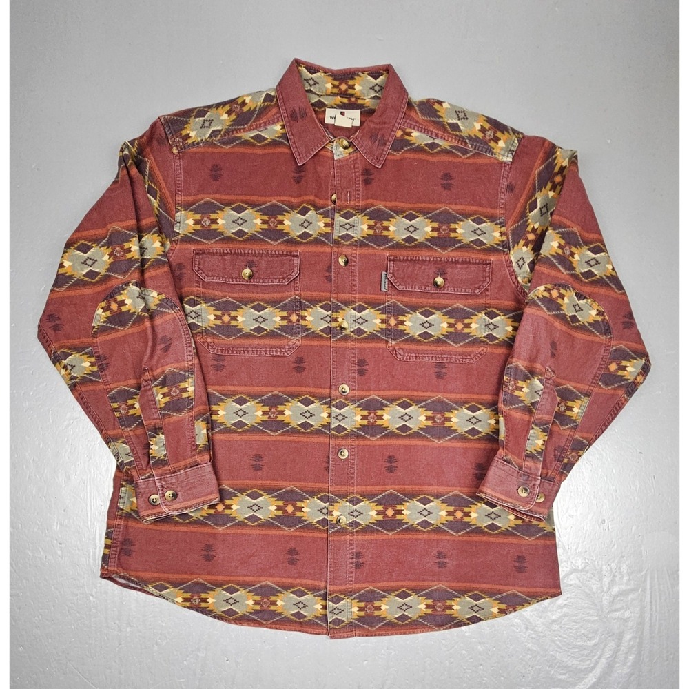 Vintage Woolrich Button Down Shirt Mens Large Aztec Maroon Flannel Elbow Patch